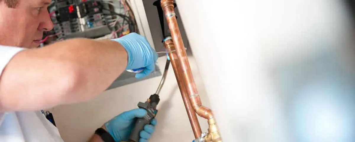 Water heater repair technician testing copper pipe connections and controls in Los Angeles, CA